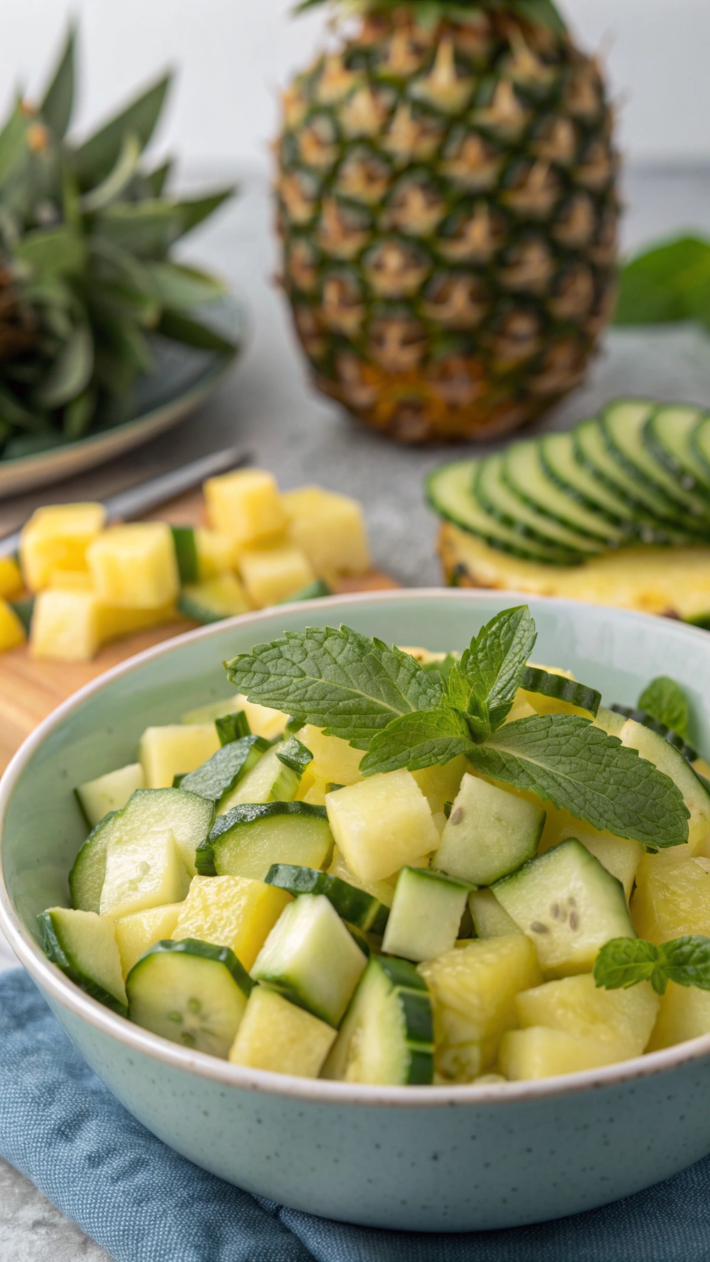 A bowl of pineapple and cucumber salad garnished with mint leaves, with fresh pineapple in the background.