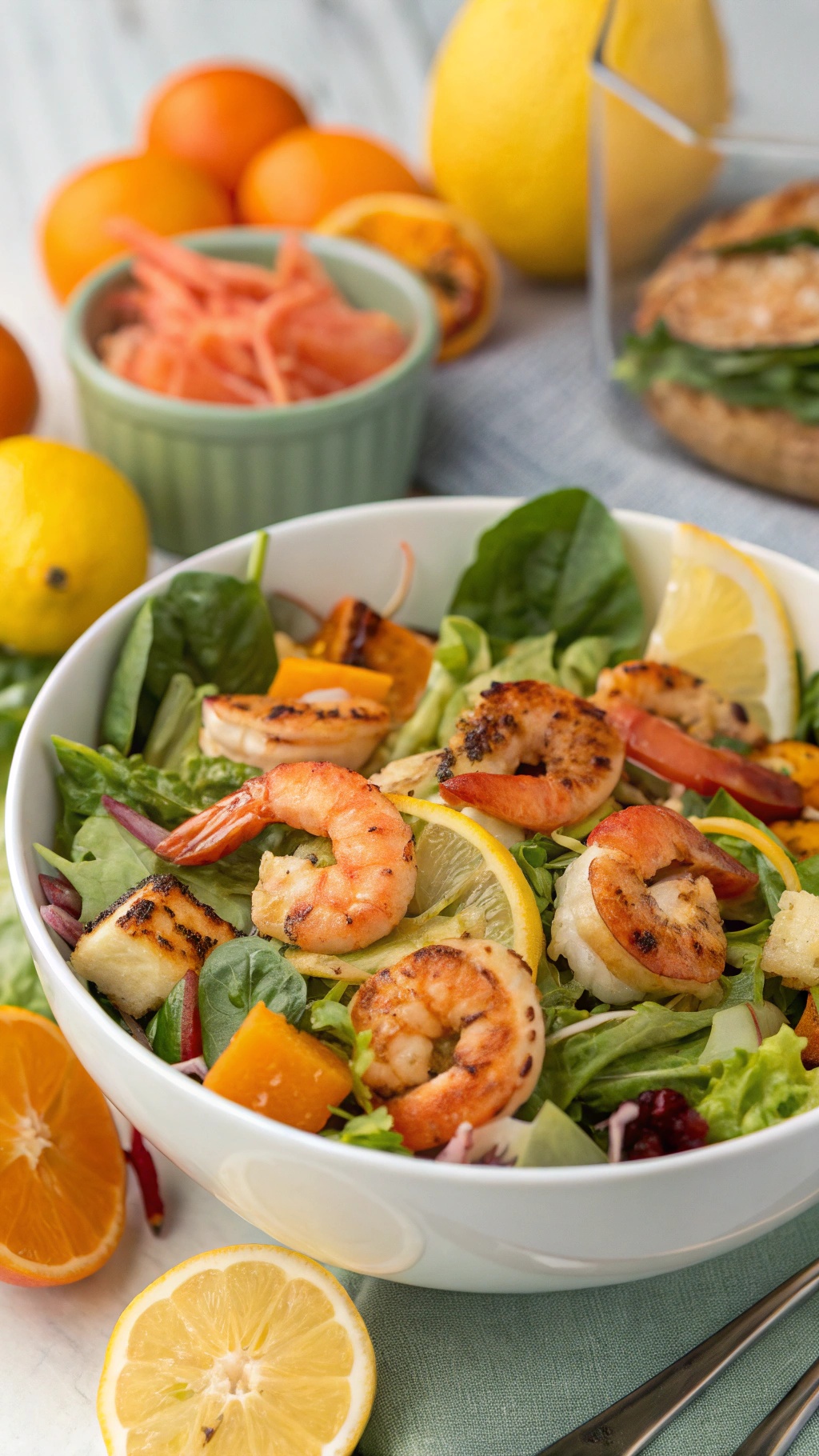 A colorful shrimp salad with grilled shrimp, mixed greens, citrus slices, and diced vegetables.