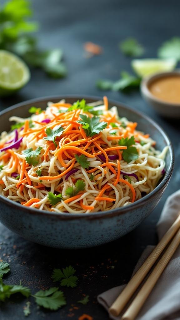 A bowl of Thai noodle salad with colorful vegetables and a peanut dressing, garnished with cilantro.