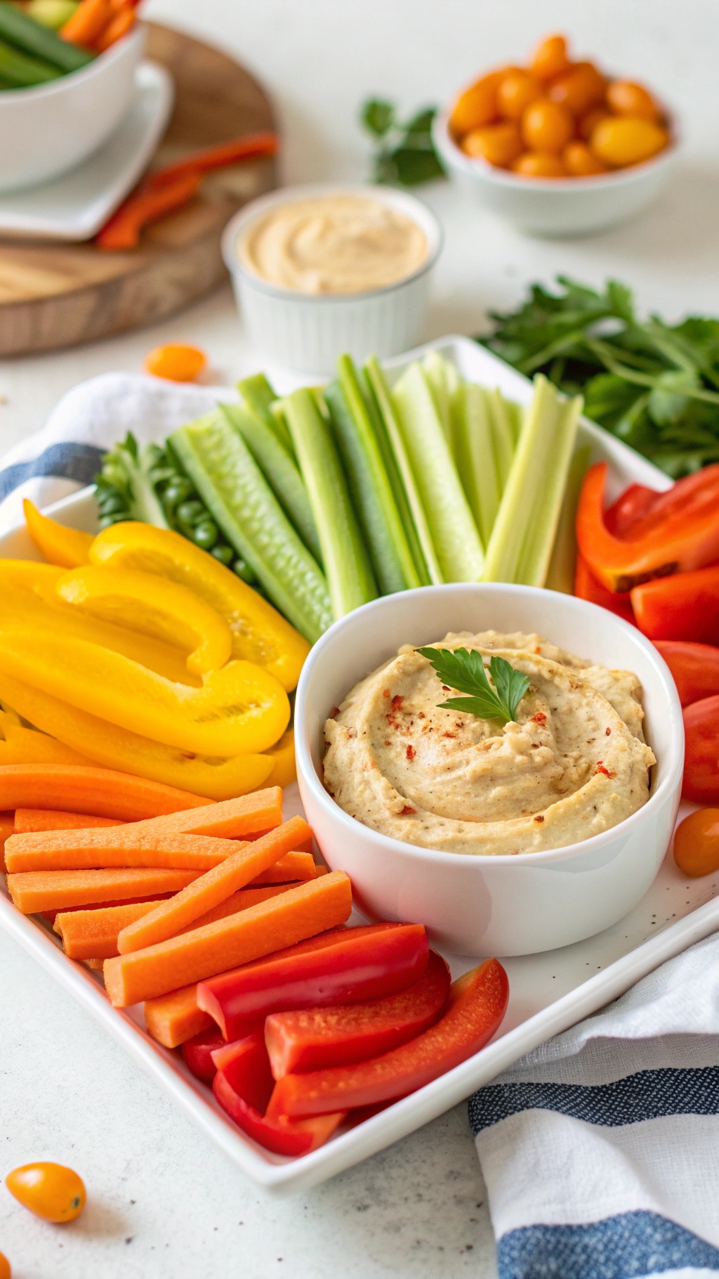 A colorful platter of fresh veggie sticks including carrots, celery, bell peppers, and cucumbers, served with a bowl of hummus.