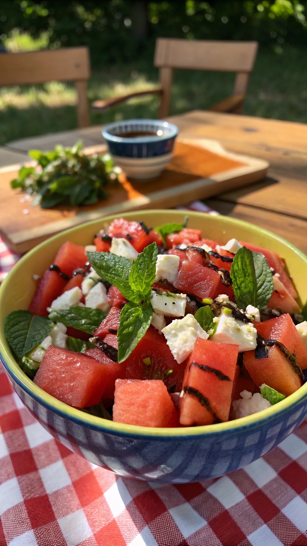 A bowl of watermelon and feta salad garnished with mint leaves, sitting on a picnic table.