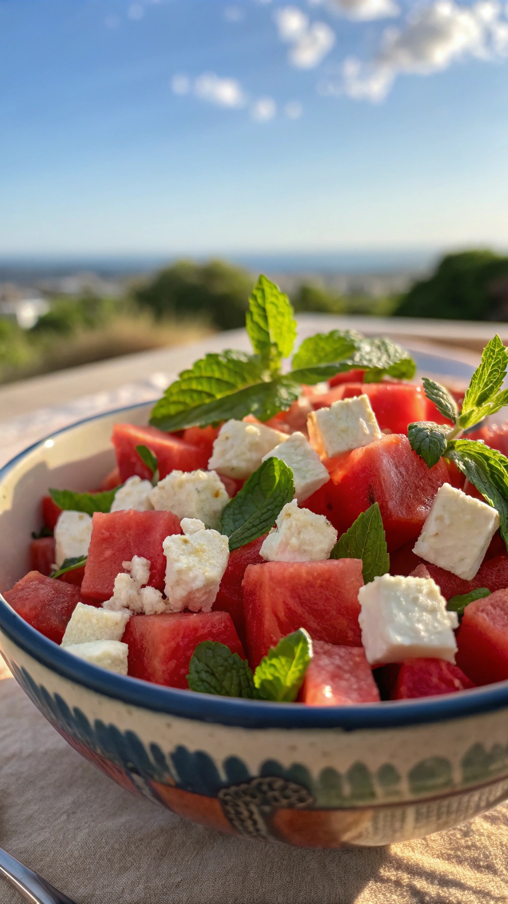 A bowl of watermelon and feta salad garnished with mint leaves.
