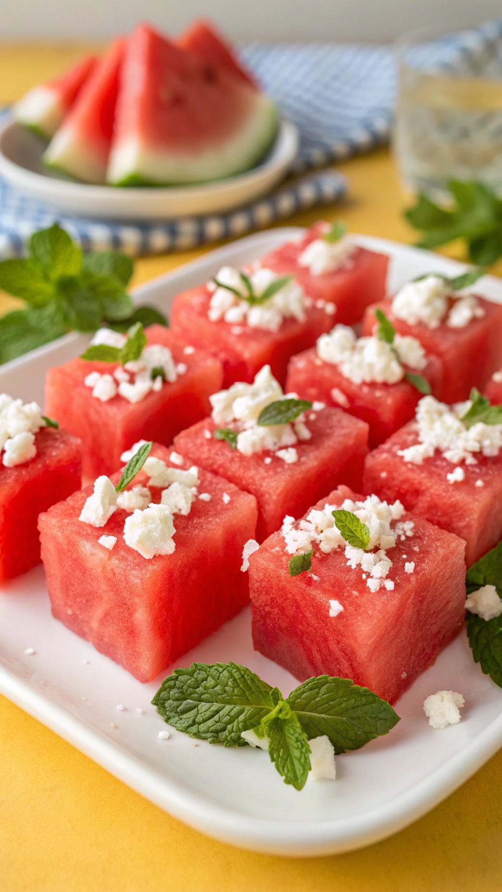 A plate of watermelon feta bites garnished with mint leaves.