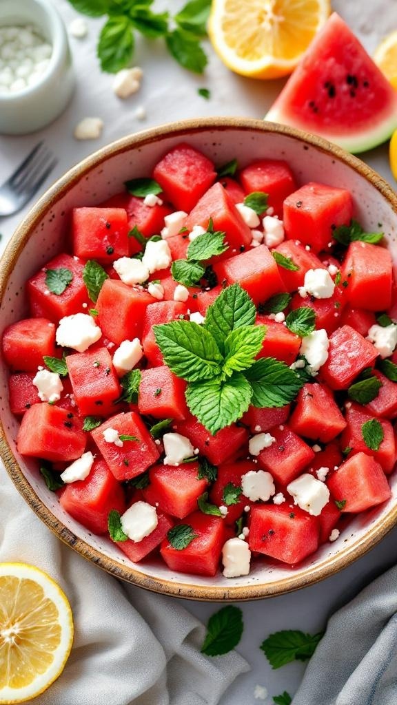 A bowl of watermelon feta salad with mint leaves and lemon slices