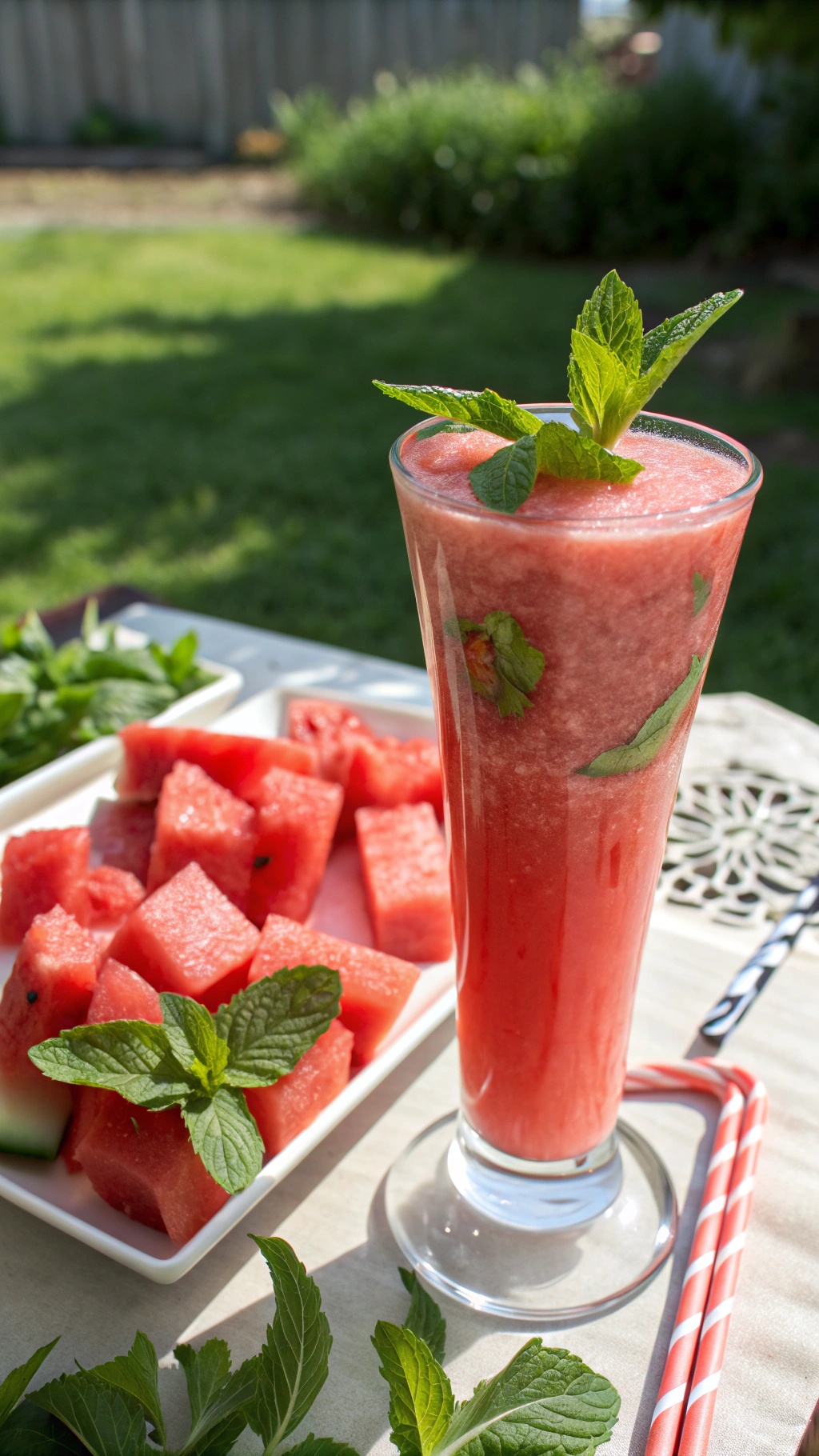A refreshing watermelon mint smoothie in a glass, surrounded by fresh watermelon cubes and mint leaves.