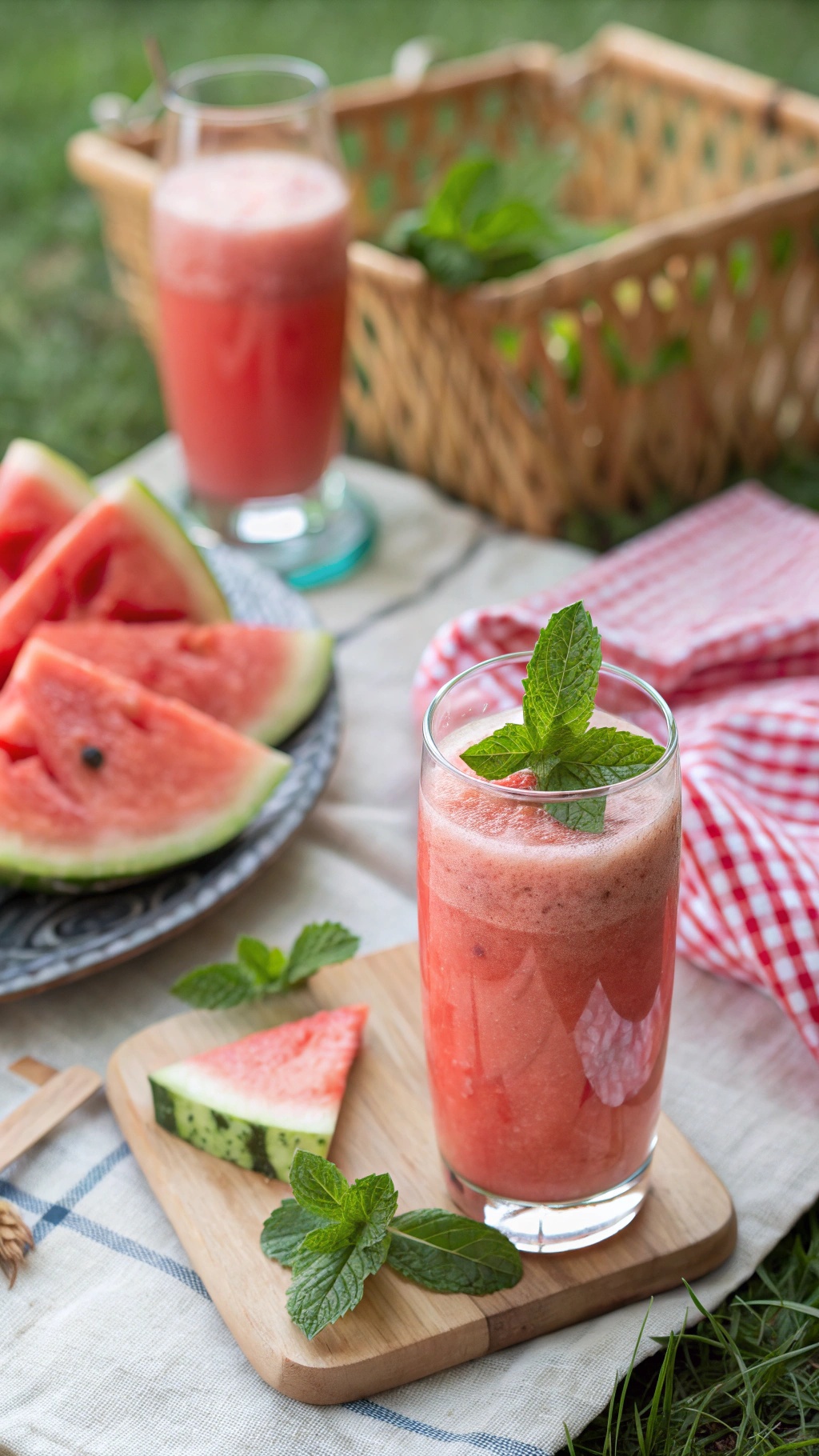 A refreshing watermelon mint smoothie served in a glass with mint leaves, surrounded by watermelon slices and a picnic setting.