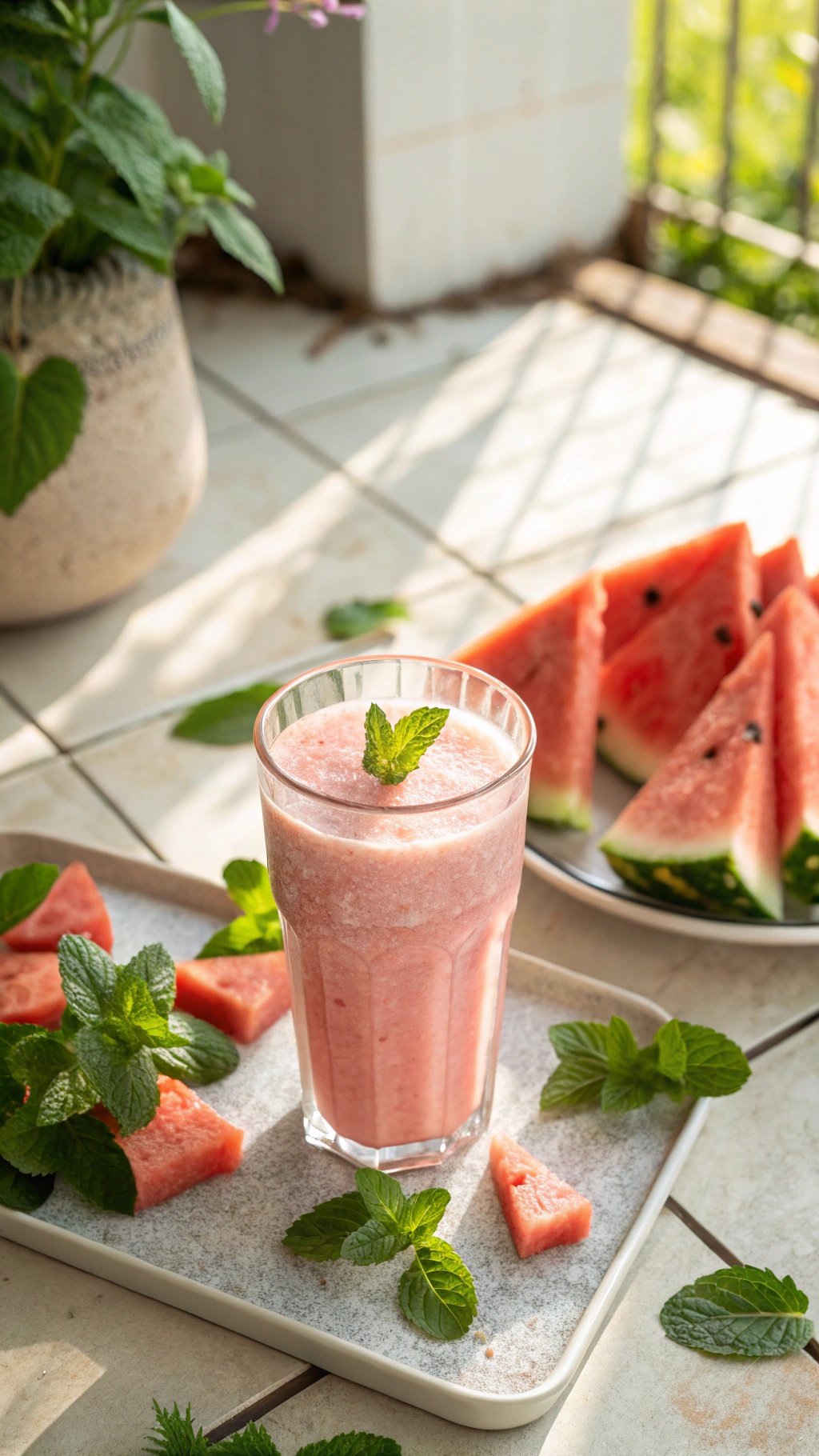 A refreshing watermelon mint smoothie in a glass, surrounded by mint leaves and watermelon slices.