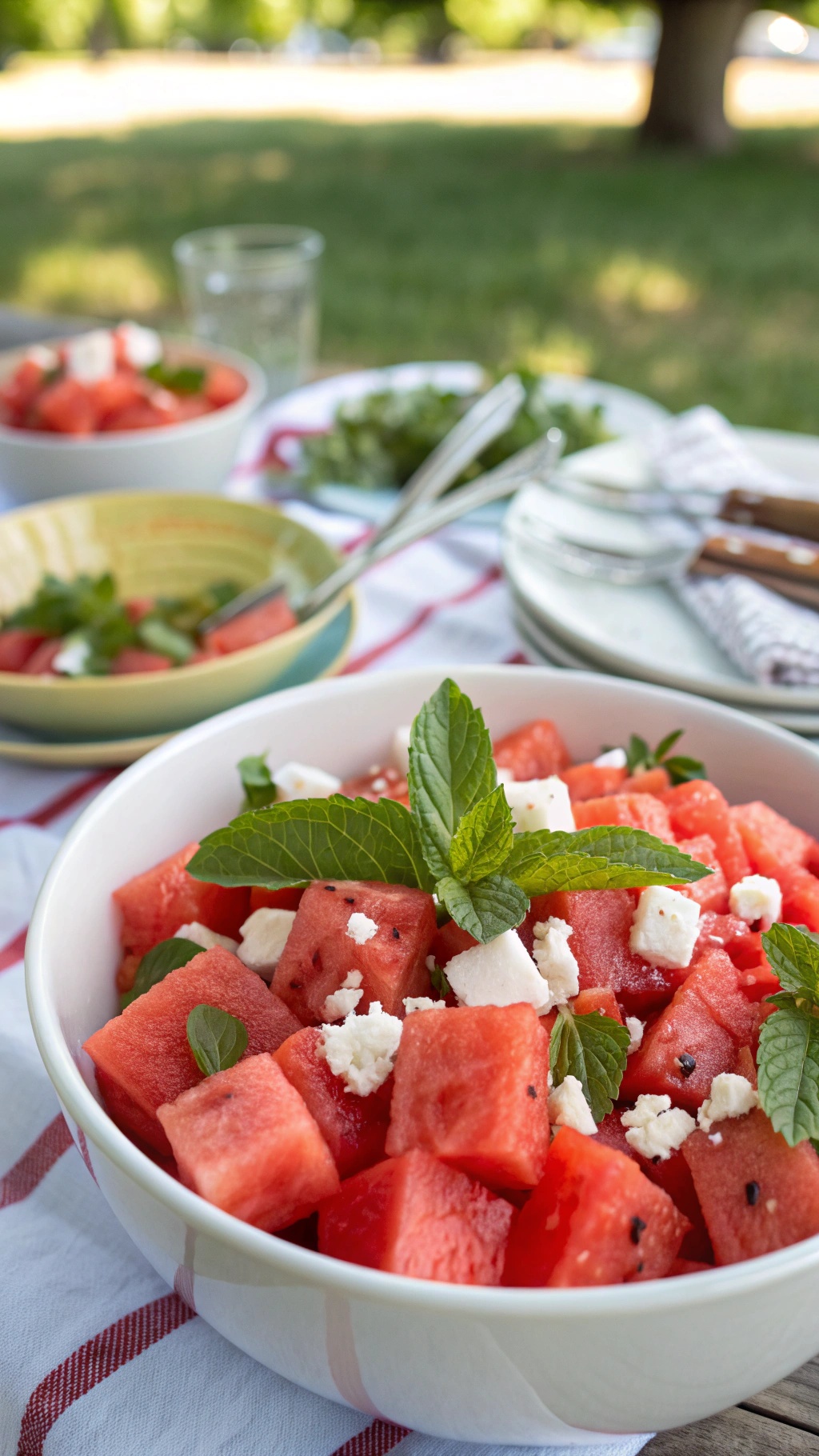 A refreshing watermelon salad with feta and mint in a bowl, perfect for summer.