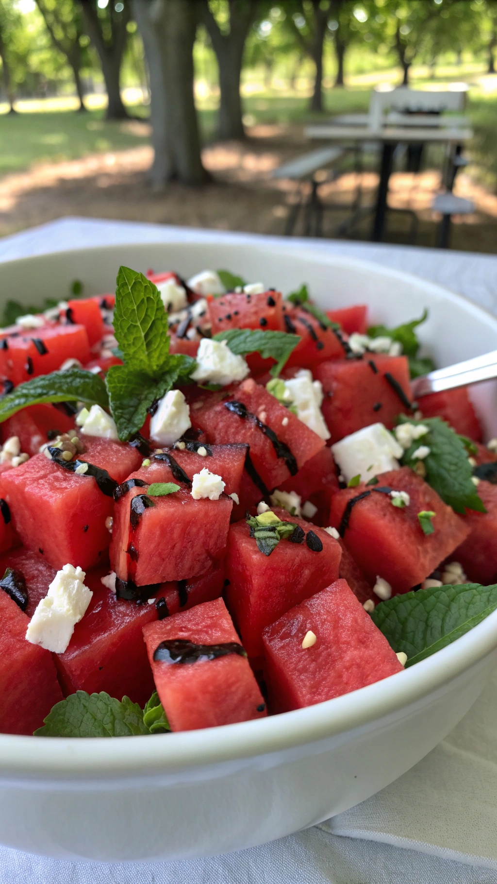 A bowl of watermelon salad with feta cheese and mint, garnished with a drizzle of balsamic reduction.