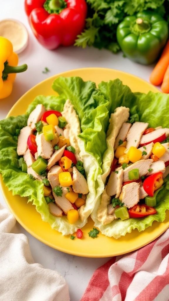 Turkey and hummus lettuce wraps with colorful vegetables on a yellow plate.