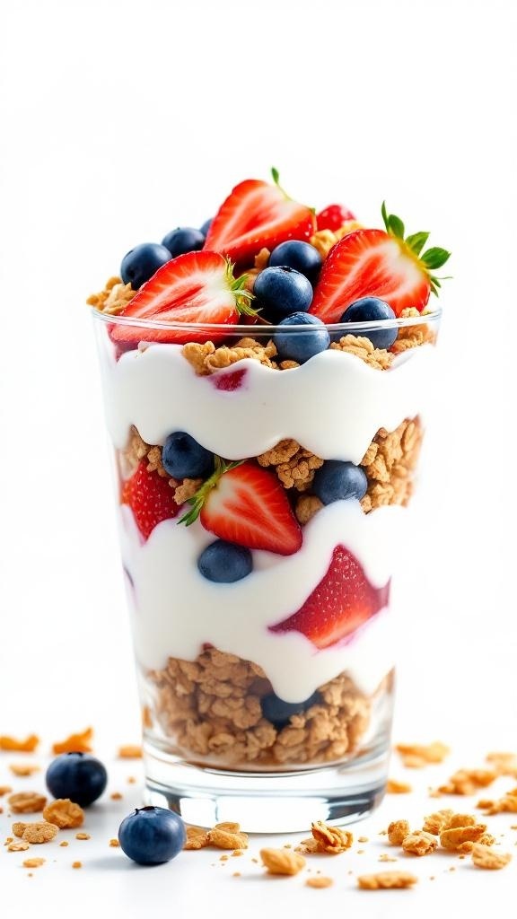 A refreshing yogurt parfait layered with granola and fresh berries.