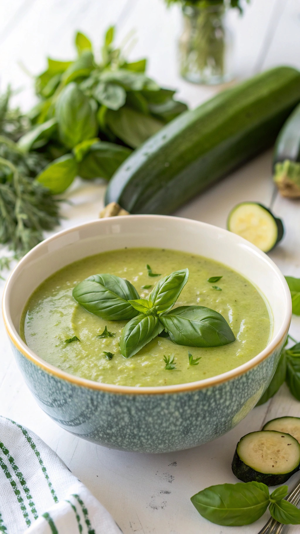 A bowl of creamy zucchini and basil soup garnished with fresh basil leaves, surrounded by fresh herbs and zucchini.