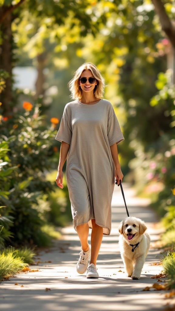 A woman in a white relaxed fit t-shirt dress walking a dog on a sunny path
