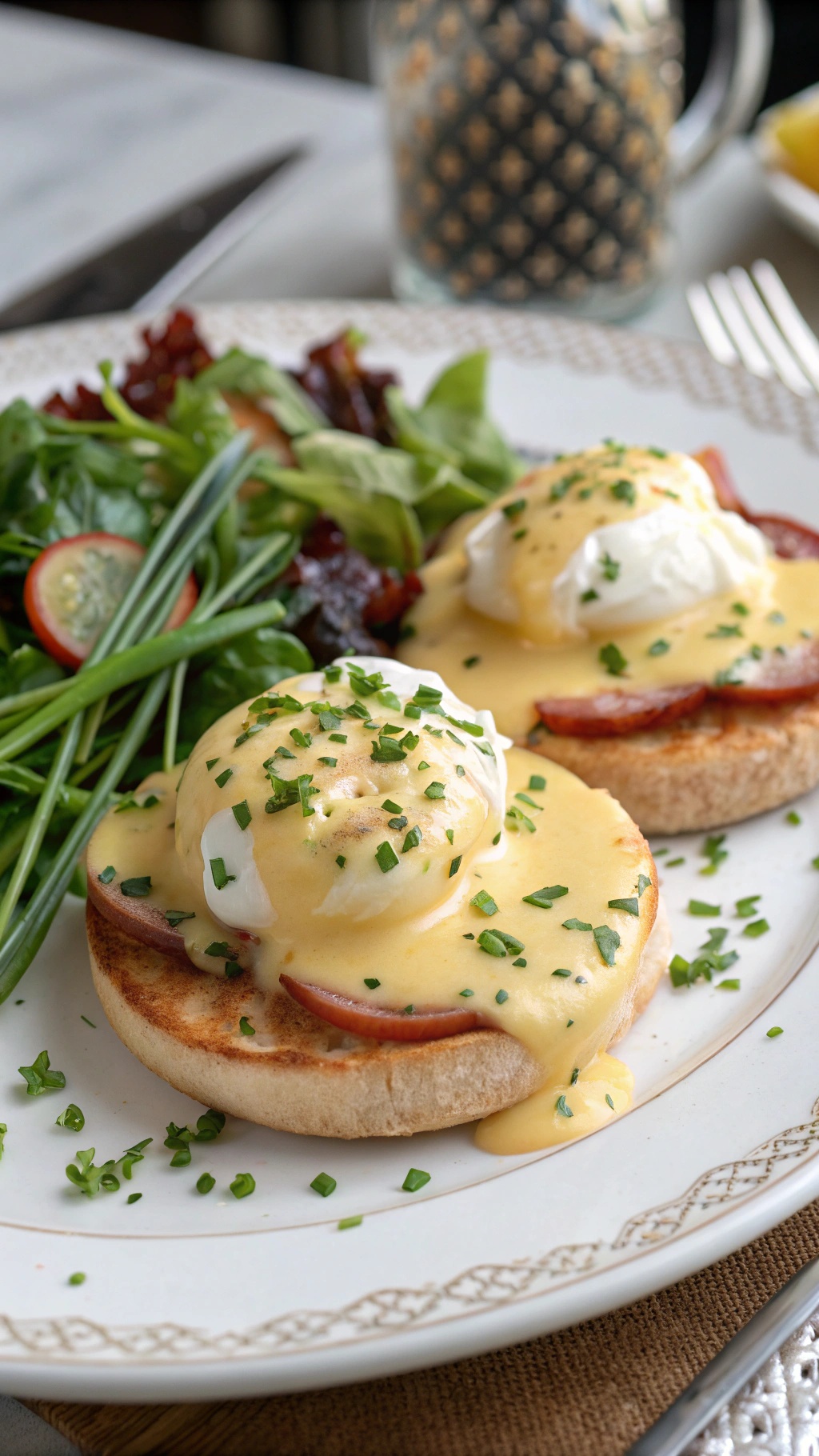 Egg Benedict with poached eggs, bacon, hollandaise sauce, and mixed greens on a plate.