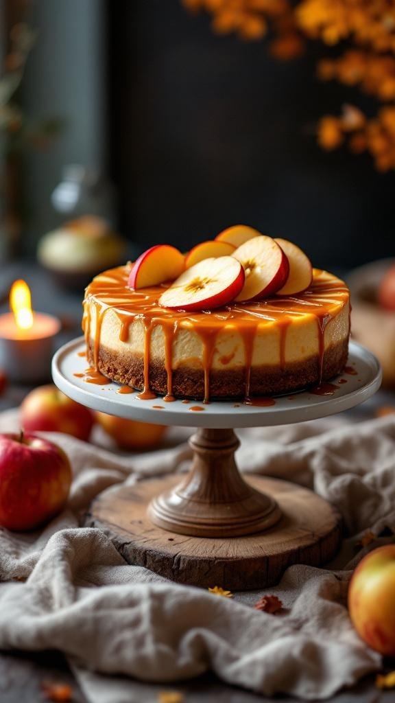 A caramel apple cheesecake topped with apple slices and caramel drizzle, displayed on a wooden cake stand with apples around.