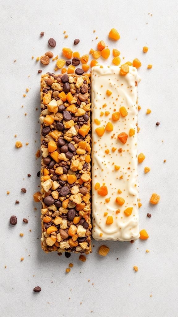 Two protein bars, one with chocolate chips and the other with a creamy coating, surrounded by small pieces of dried fruit.