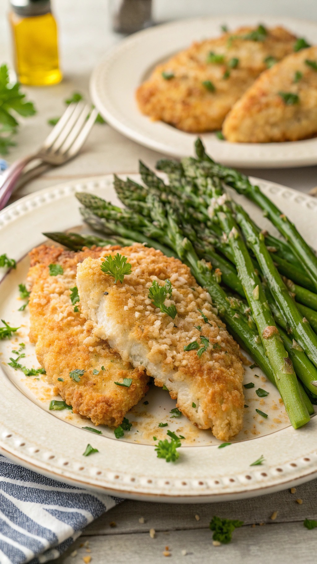 A plate of Garlic Parmesan Chicken served with asparagus