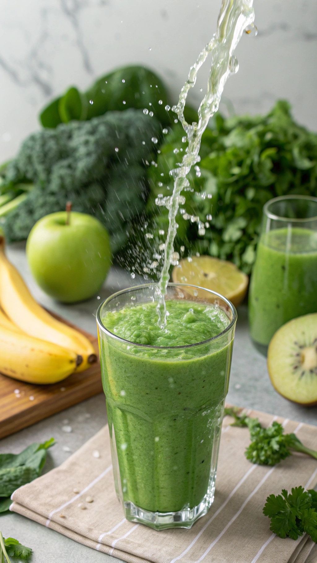 A refreshing green detox smoothie with fresh ingredients like spinach, kale, and banana, surrounded by fruits and greens.