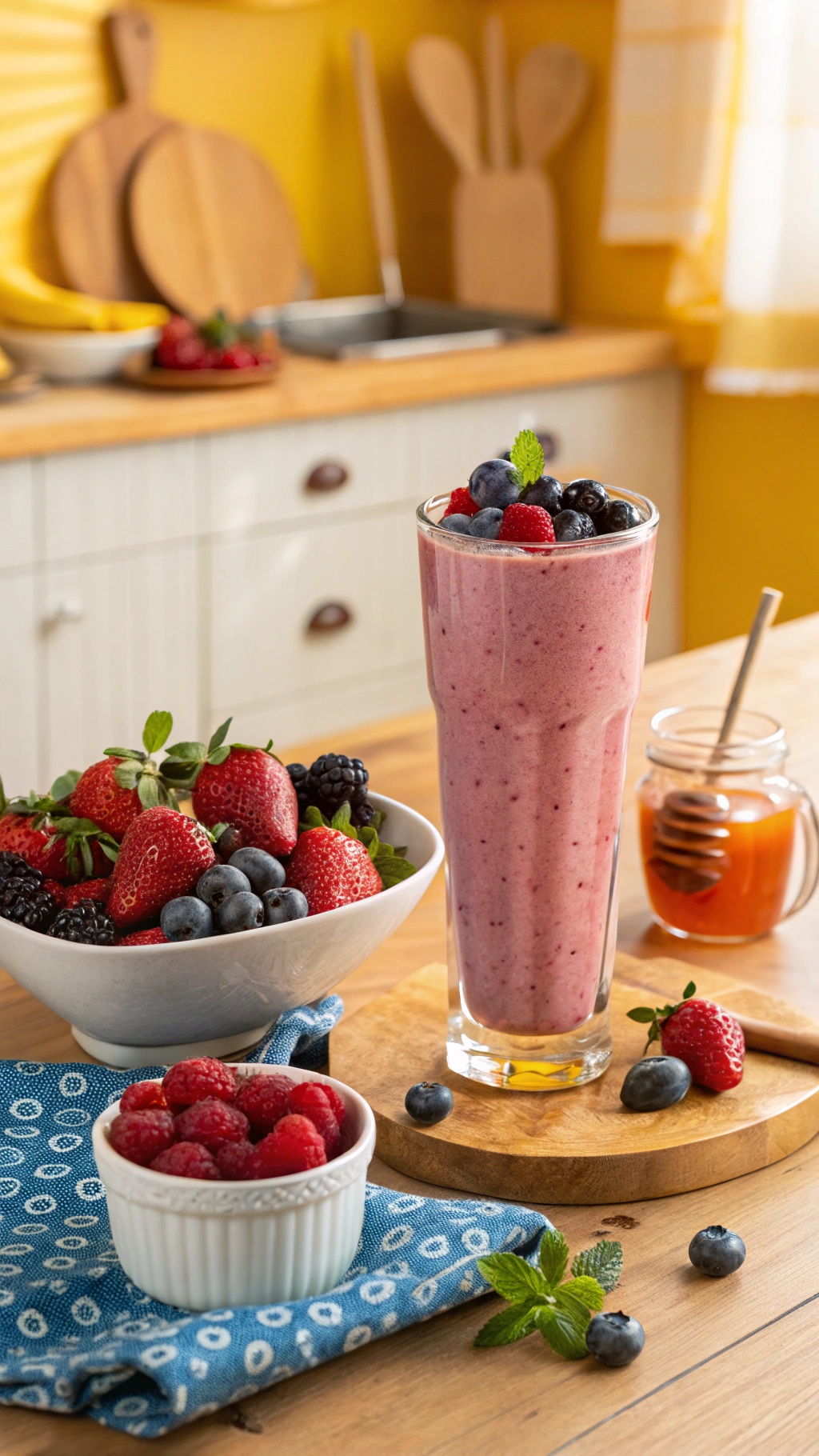 A colorful berry smoothie in a tall glass, topped with fresh berries and mint, alongside bowls of mixed berries on a kitchen table.