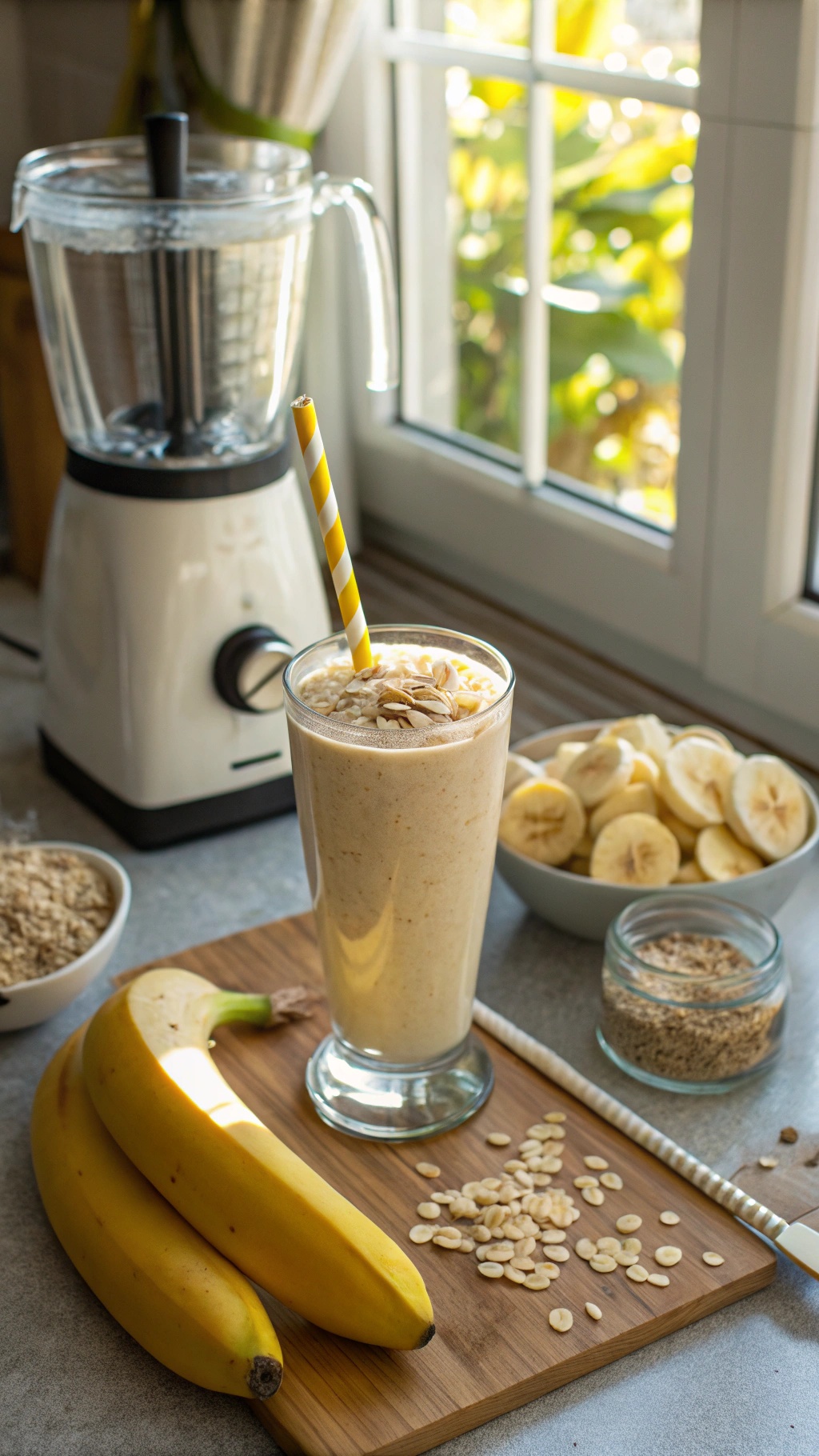 A creamy banana oatmeal smoothie in a glass with a yellow straw, surrounded by bananas, oats, and a blender.