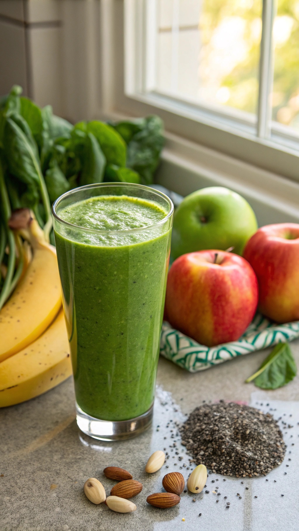 A green smoothie in a glass with bananas, apples, and chia seeds on a countertop