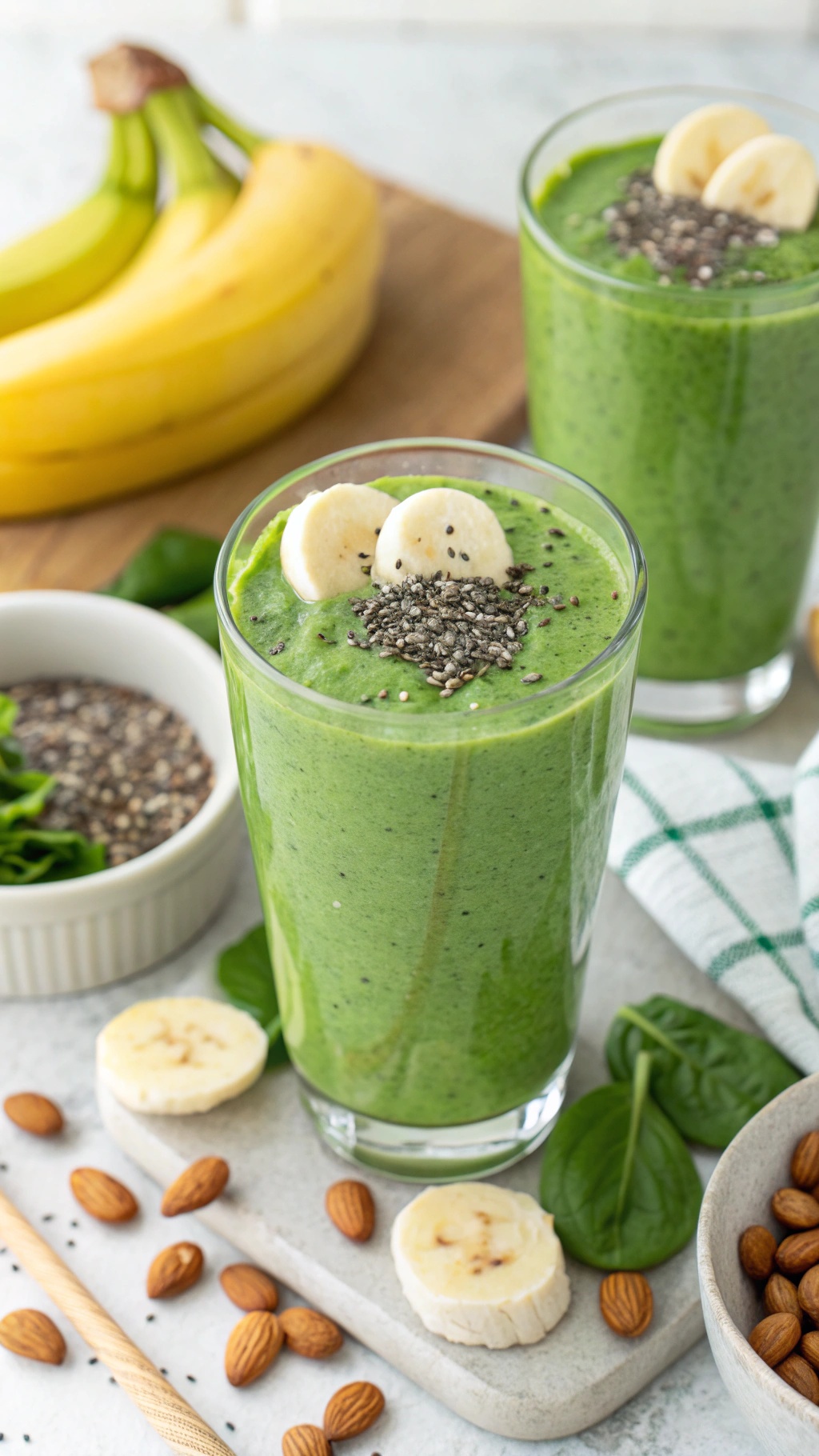 A green smoothie made with spinach, banana, and chia seeds, garnished with banana slices and chia seeds, with bananas and almonds in the background.