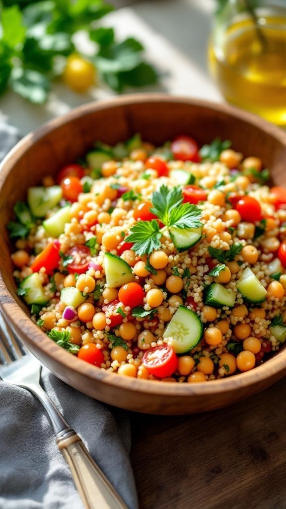 A colorful quinoa salad with cherry tomatoes, cucumbers, and fresh herbs in a wooden bowl.