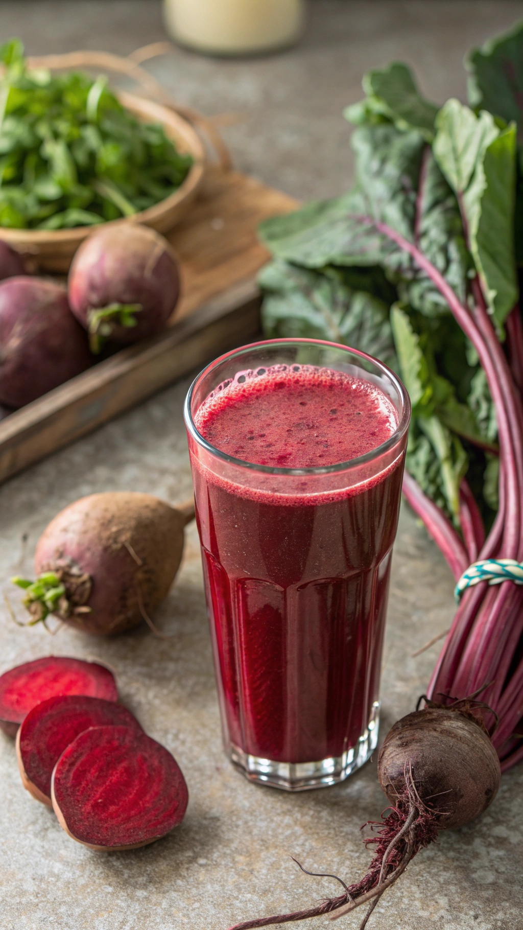 A vibrant beetroot smoothie in a glass, surrounded by fresh beetroots and greens.