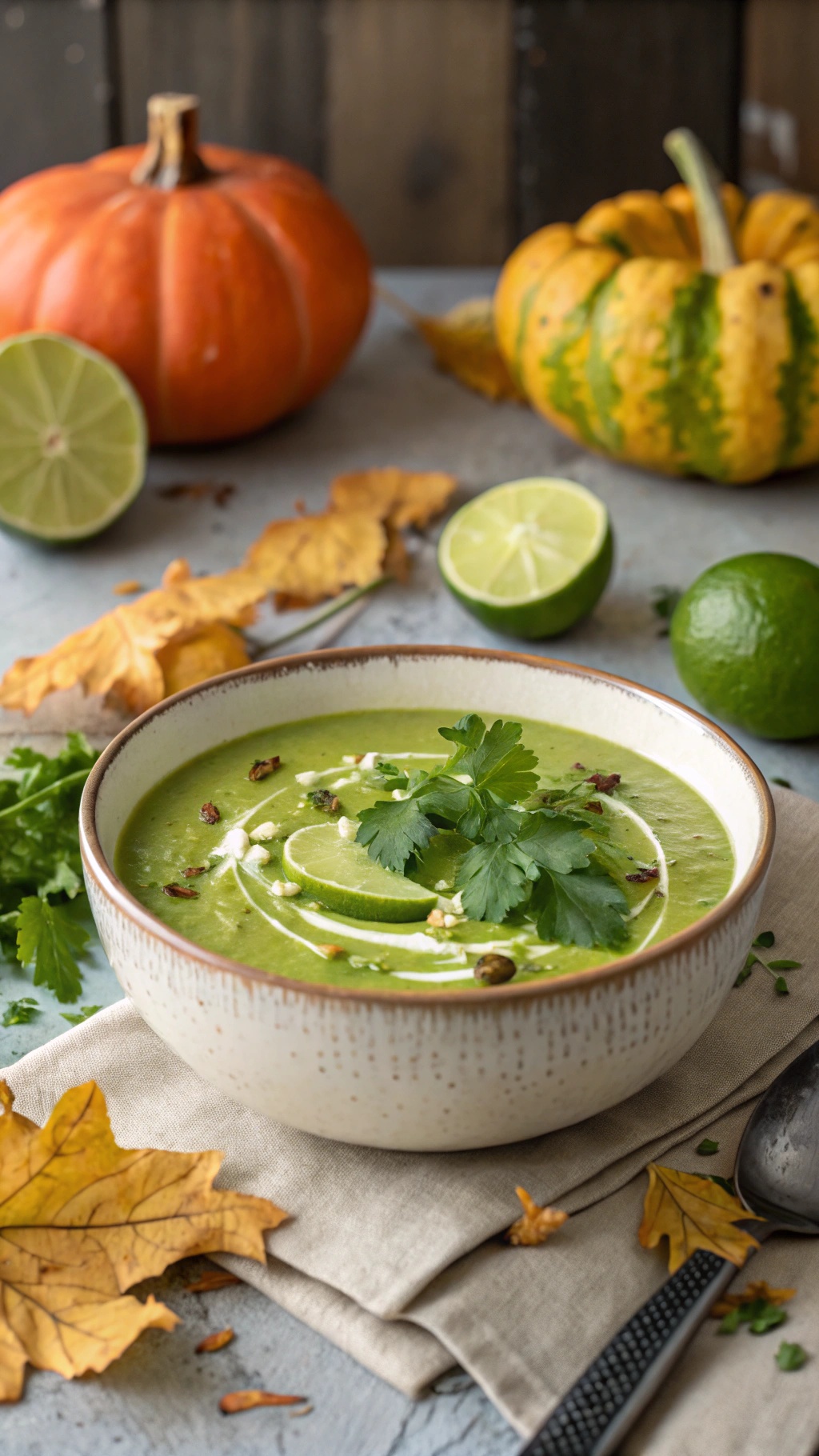 A bowl of rich and creamy avocado soup garnished with lime and cilantro, surrounded by autumn leaves and pumpkins.