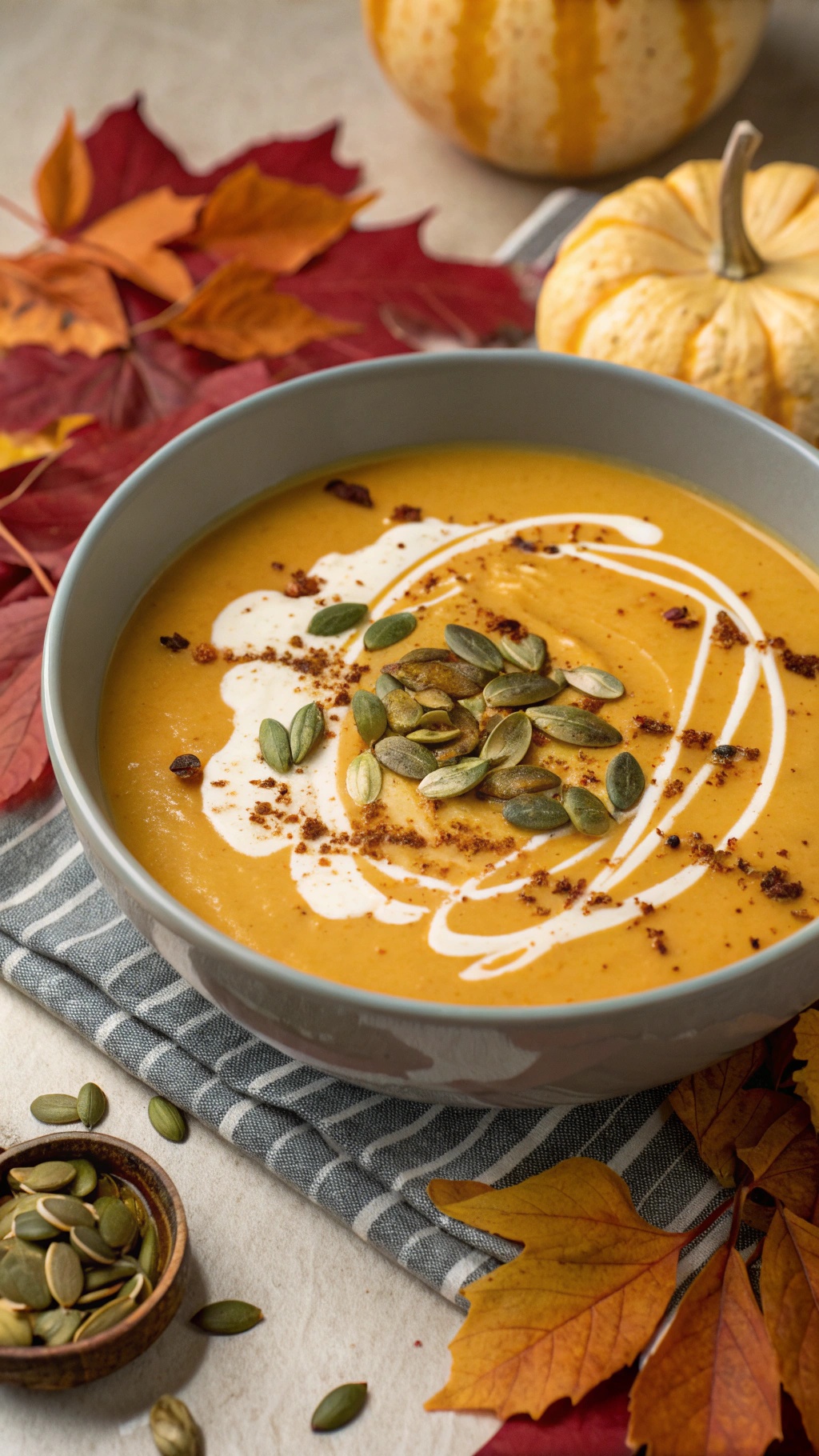 A bowl of rich and creamy butternut squash soup garnished with pumpkin seeds and a swirl of cream, surrounded by autumn leaves and a small pumpkin.