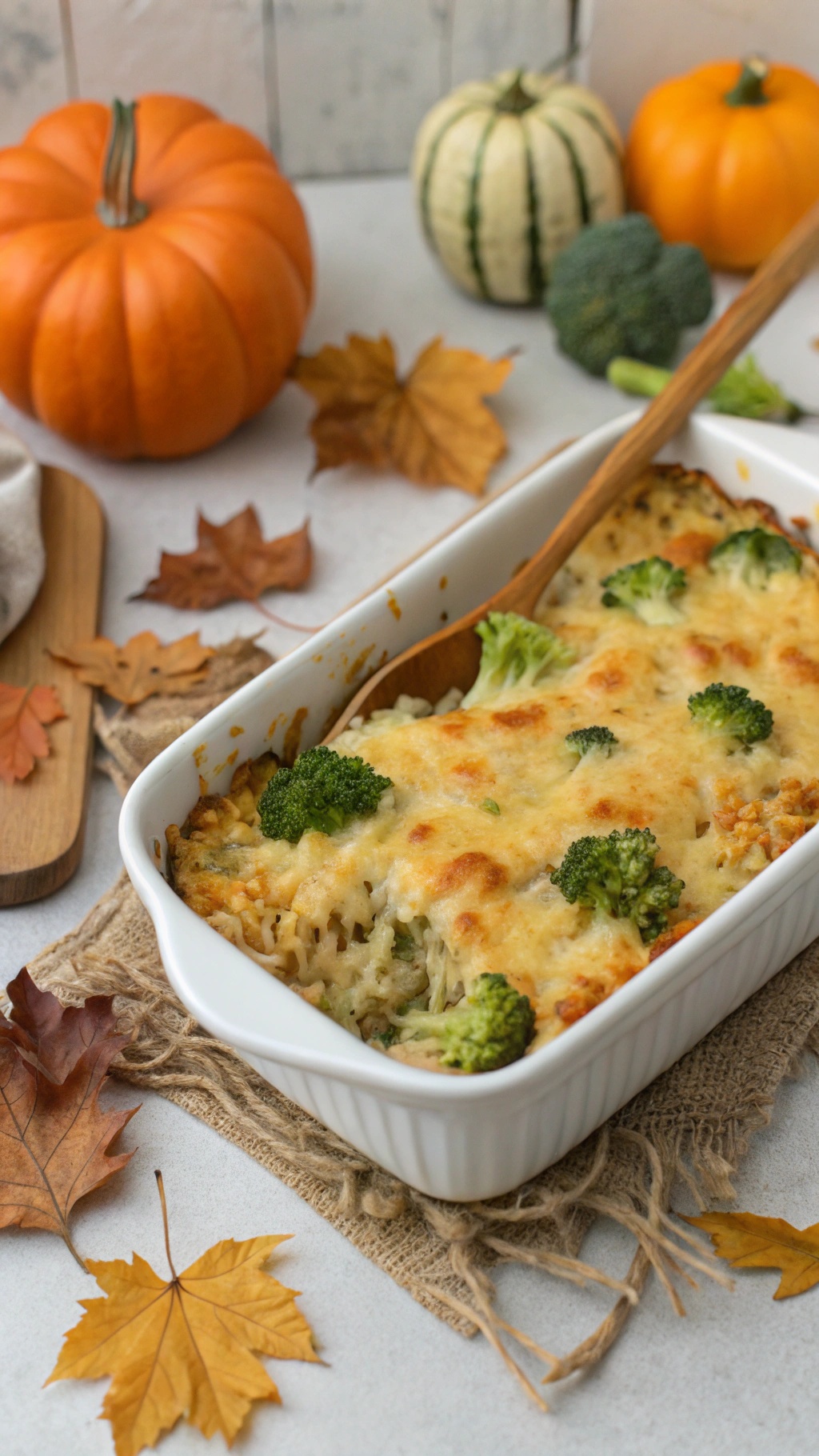 A cheesy broccoli and rice casserole in a white dish, surrounded by pumpkins and autumn leaves.