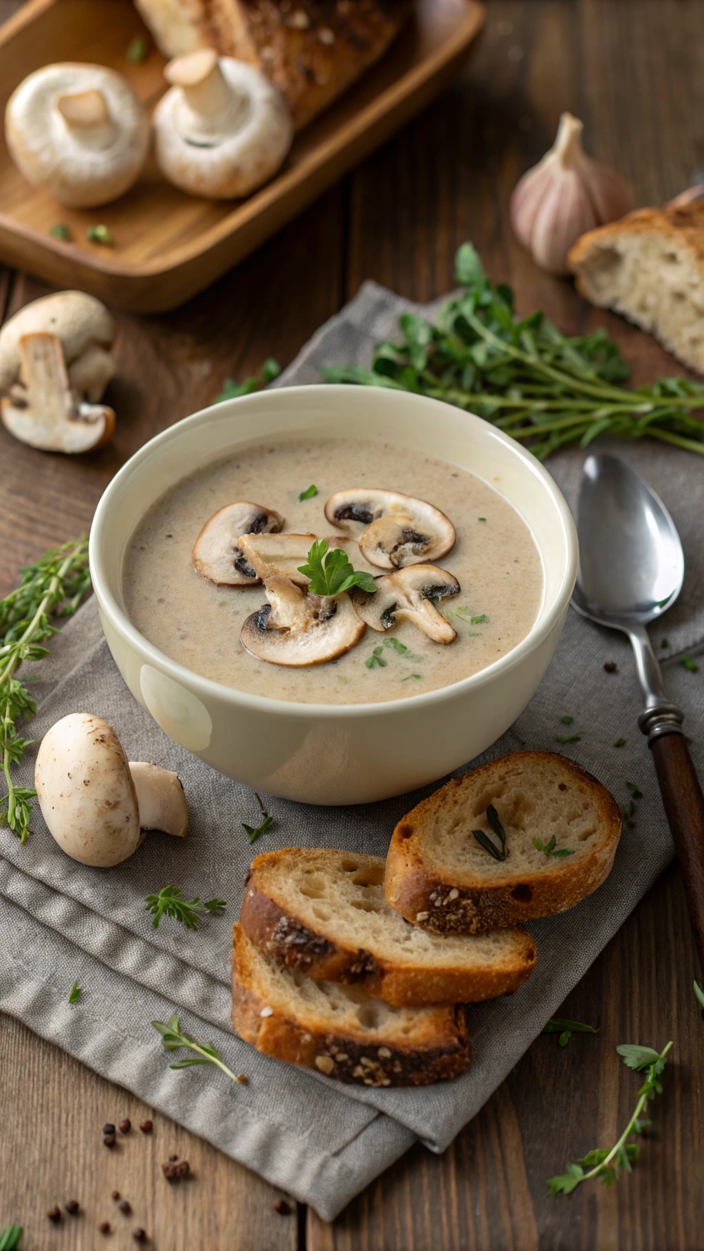 A bowl of rich and creamy mushroom soup garnished with sliced mushrooms and herbs, accompanied by crusty bread.
