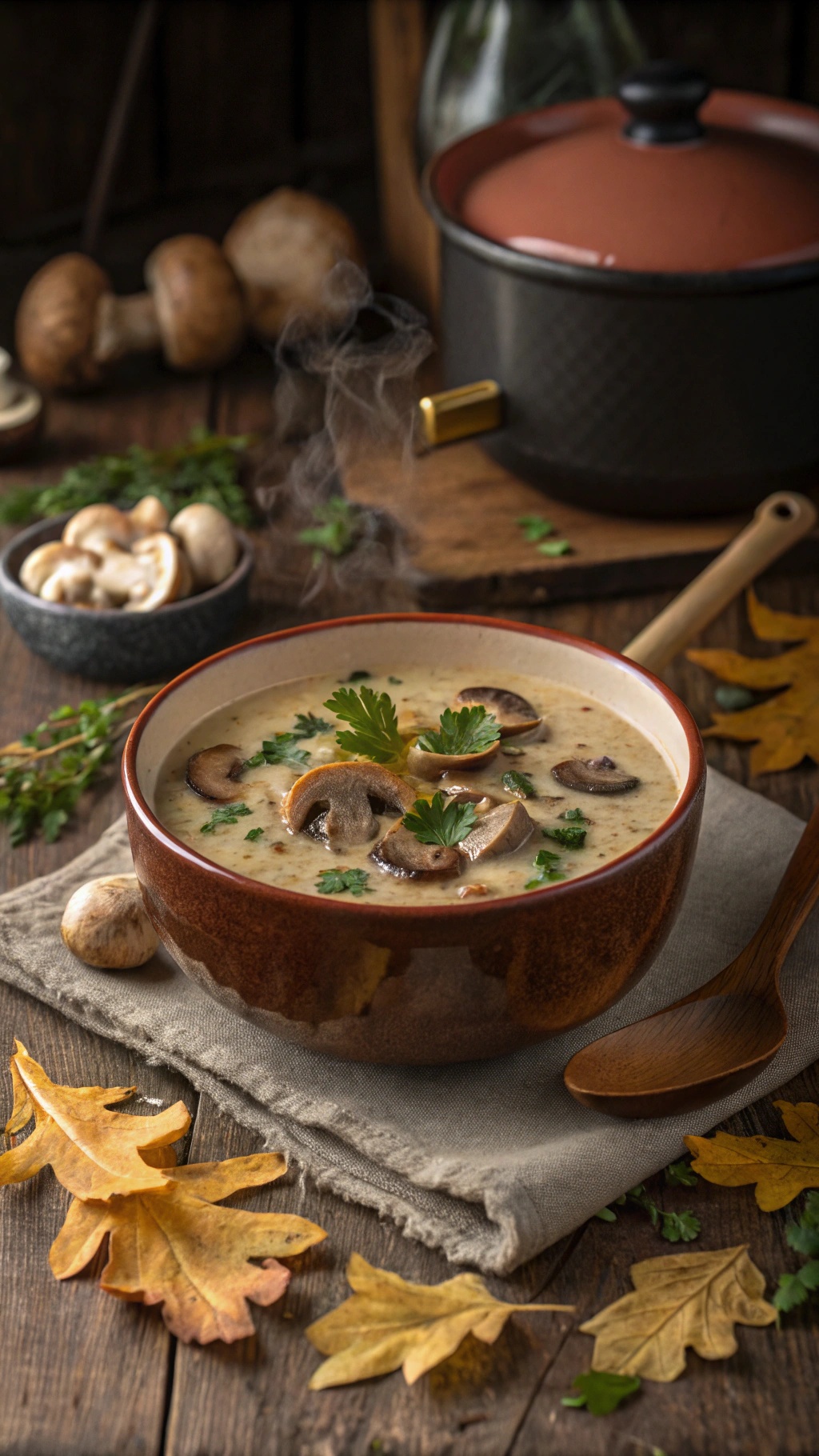 A bowl of rich and creamy mushroom soup garnished with herbs, surrounded by autumn leaves and mushrooms.