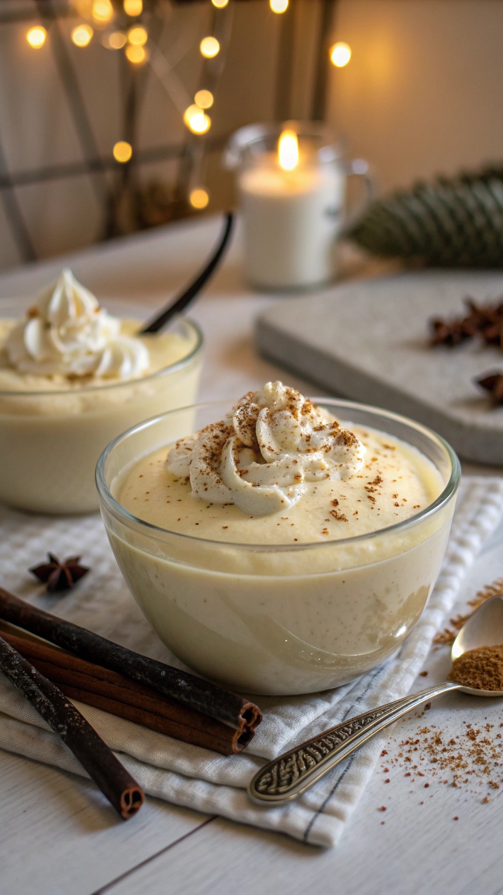 A bowl of rich and creamy vanilla pudding topped with whipped cream and cinnamon.