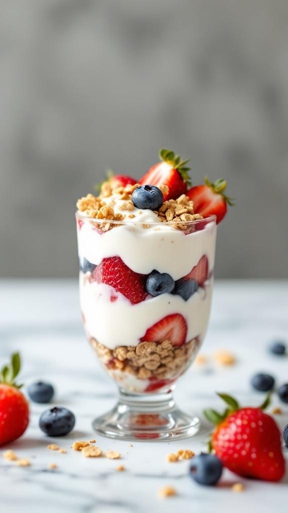 A delicious yogurt parfait with layers of yogurt, strawberries, blueberries, and granola in a glass.
