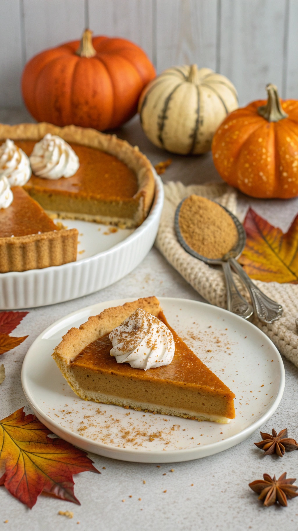A slice of keto pumpkin pie on a plate with whipped cream and autumn decorations.