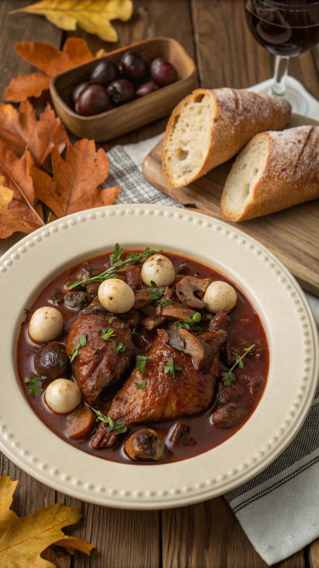 A bowl of Coq au Vin with chicken, mushrooms, and pearl onions, surrounded by autumn leaves and crusty bread.