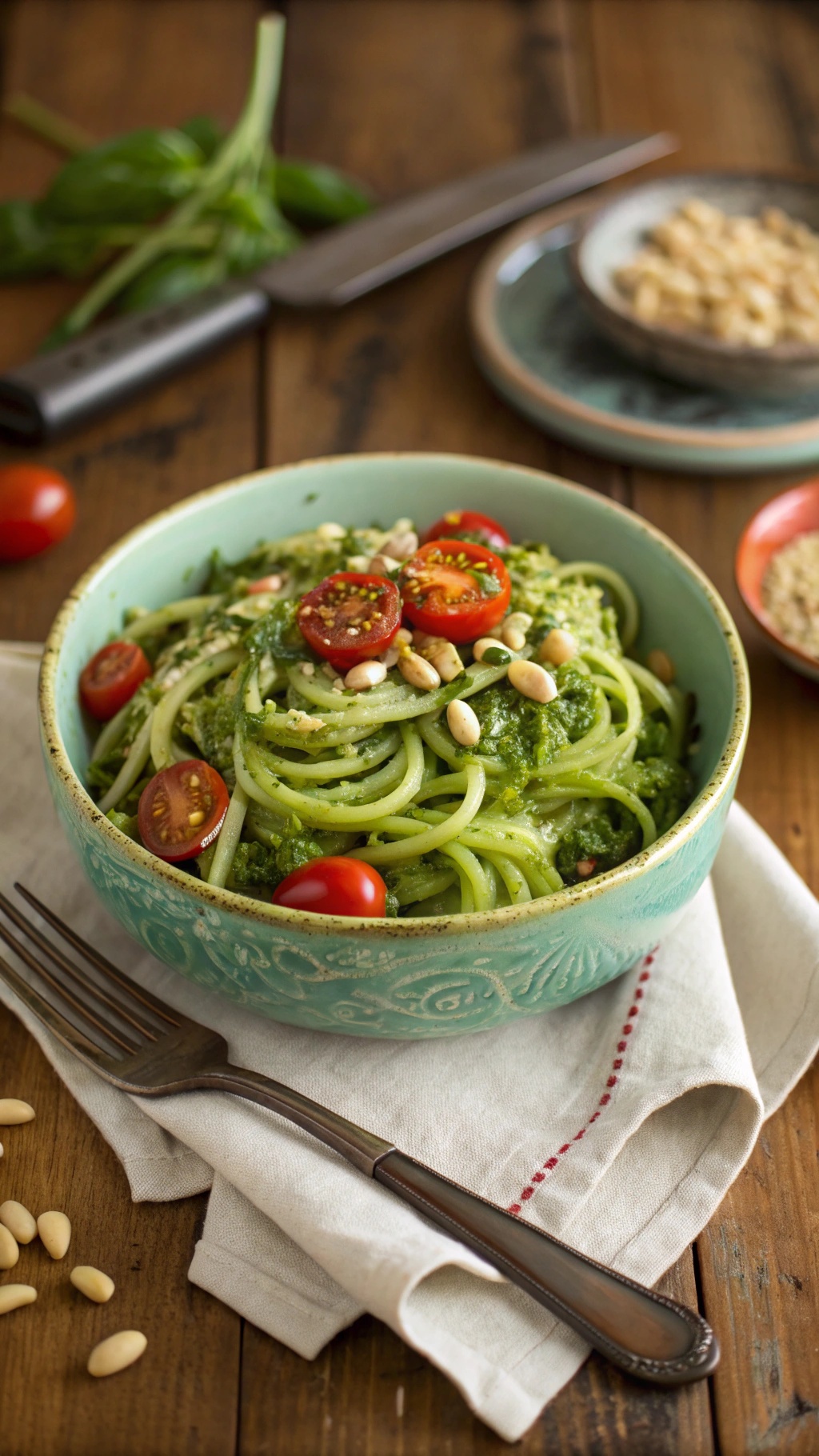 A bowl of zucchini noodles with pesto, topped with cherry tomatoes and pine nuts, on a wooden table.