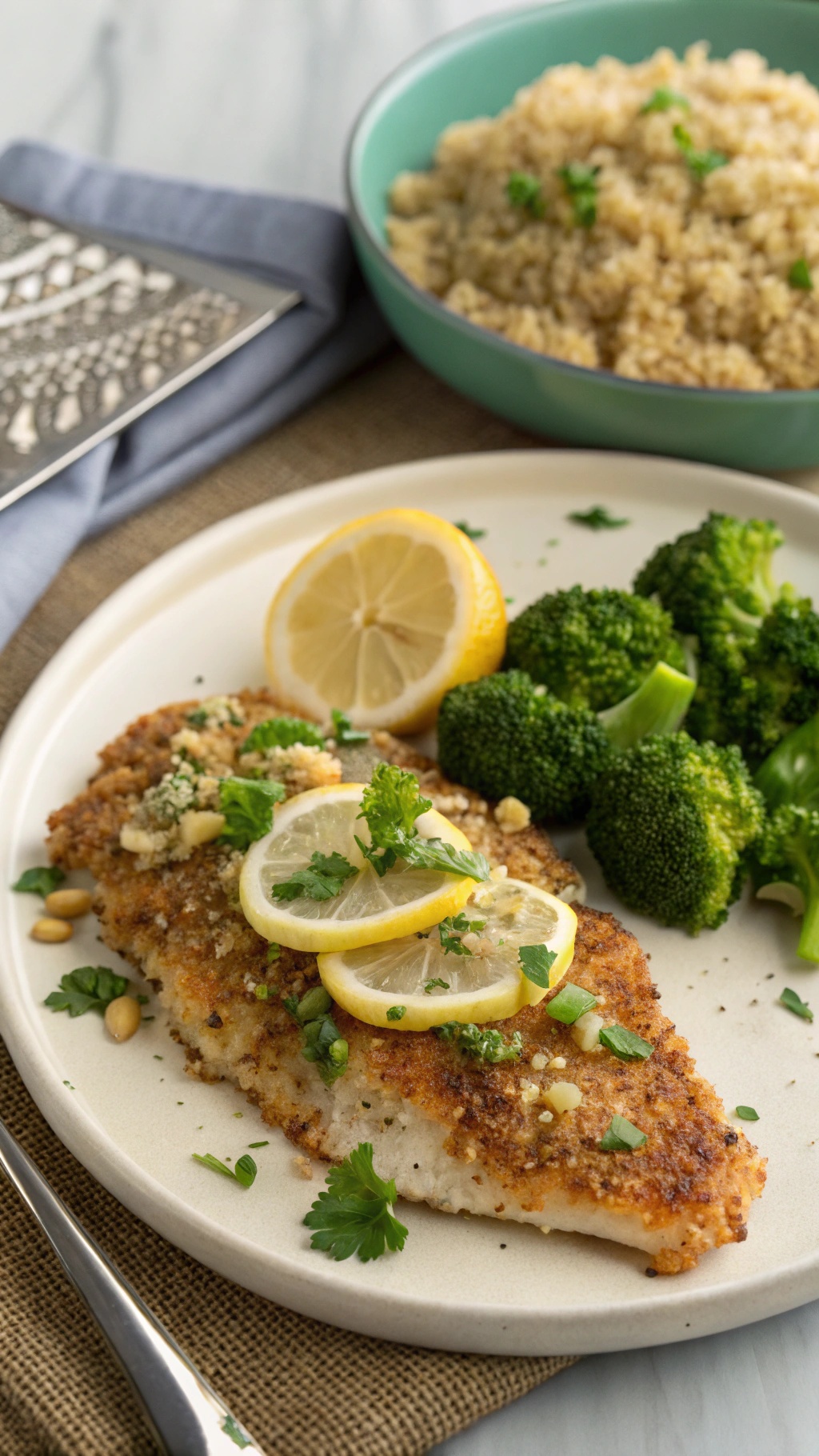 A plate of almond-crusted tilapia garnished with lemon slices and served with broccoli and quinoa.