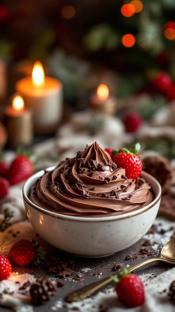 Rich low carb chocolate mousse topped with strawberries and chocolate shavings, with candles in the background.