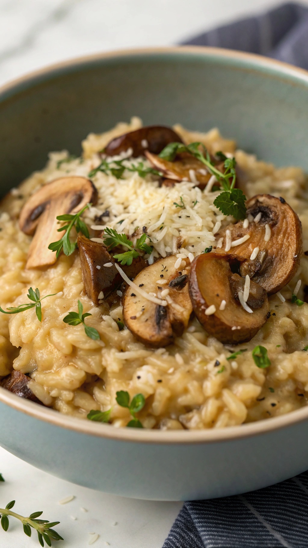 A bowl of rich mushroom risotto topped with sautéed mushrooms and fresh herbs.