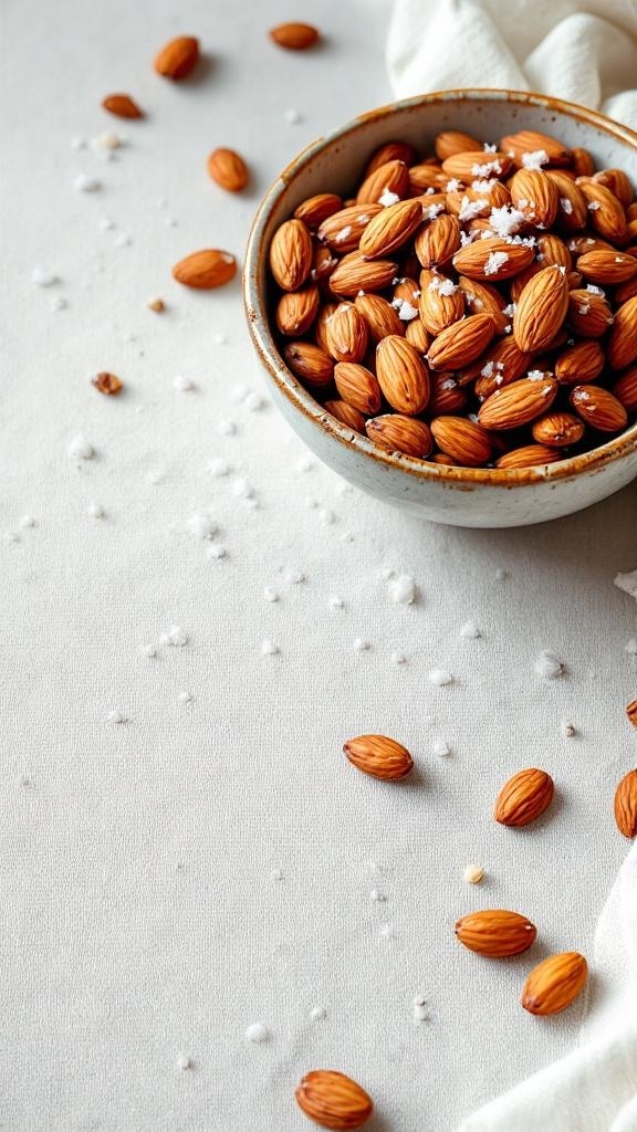 A bowl of roasted almonds sprinkled with sea salt on a light background.