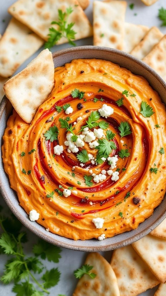 A bowl of roasted bell pepper and feta dip garnished with herbs and served with pita chips.