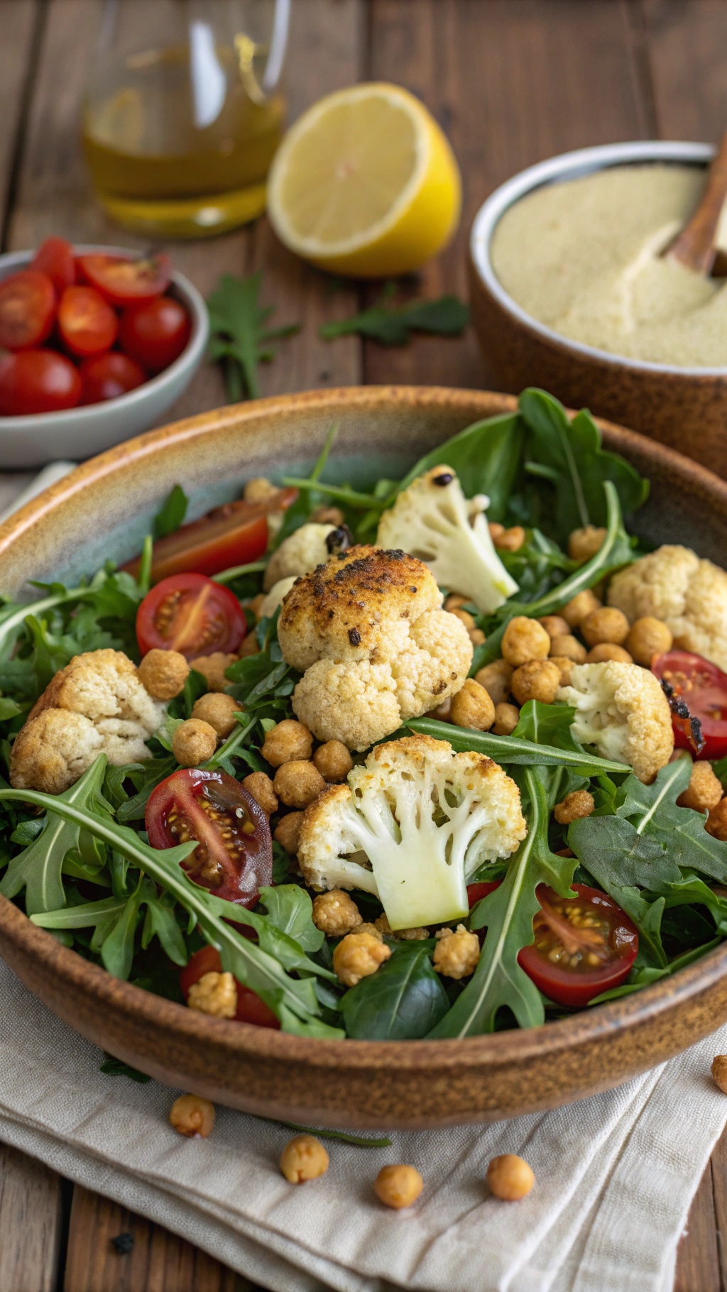 A vibrant roasted cauliflower and chickpea salad with arugula and cherry tomatoes in a rustic bowl.