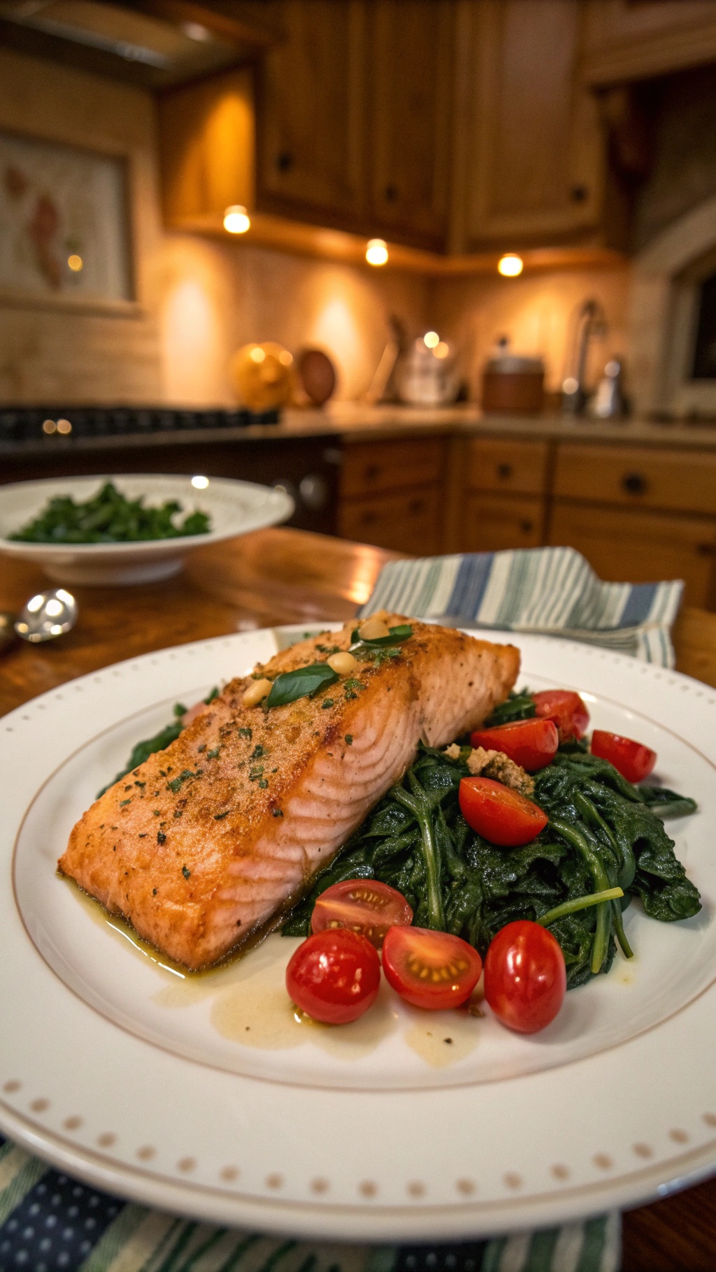 A plate of roasted garlic and herb salmon served with spinach and cherry tomatoes.