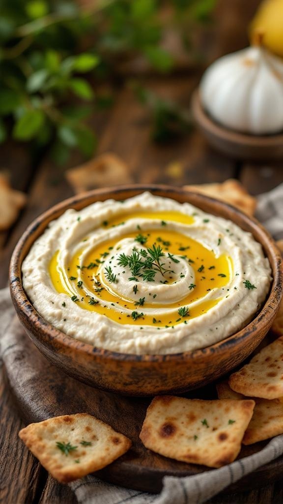 A bowl of roasted garlic and white bean dip garnished with herbs and olive oil, surrounded by pita chips.