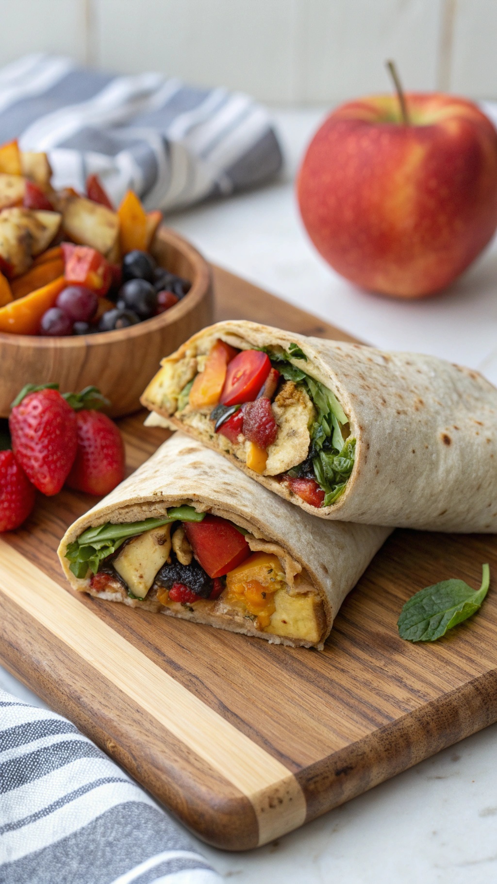 A delicious roasted vegetable and hummus wrap on a wooden cutting board, with fresh strawberries and a bowl of mixed fruit in the background.
