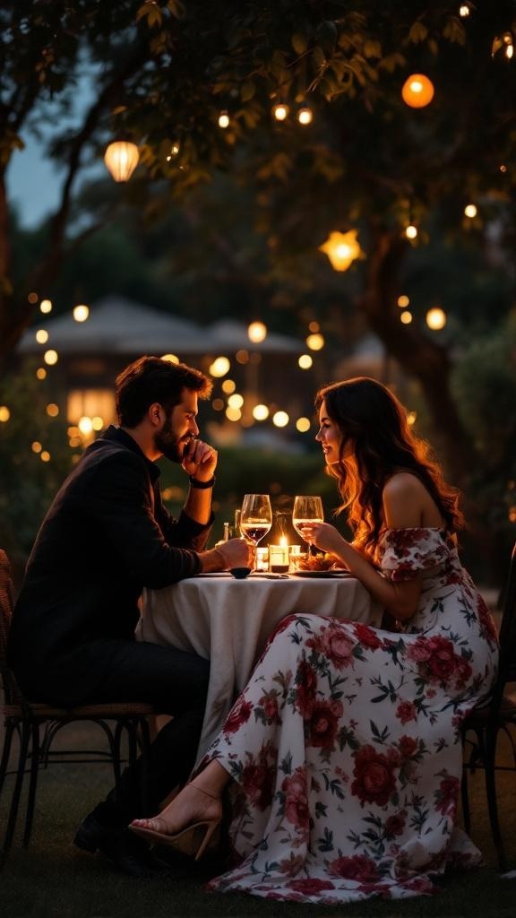 A couple enjoying a romantic dinner outdoors, with the woman in a floral midi dress and soft lighting around them.