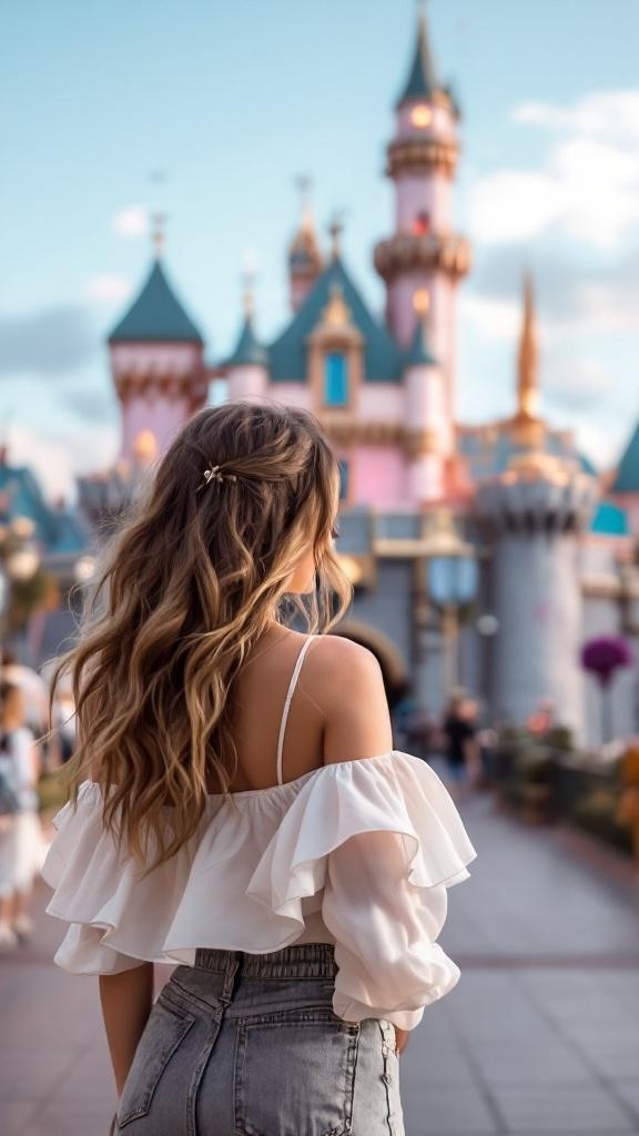A woman in a romantic off-the-shoulder top and high-waisted jeans, standing in front of Disneyland's castle.