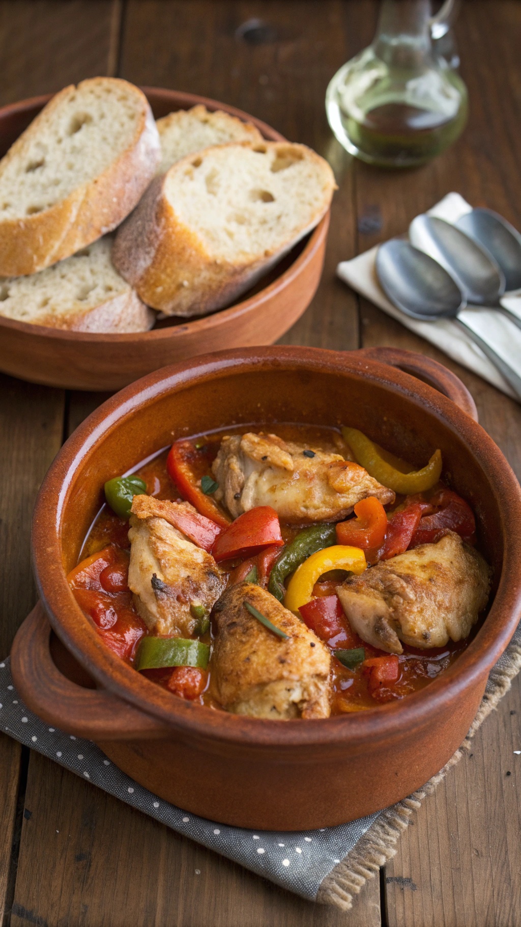 A rustic chicken cacciatore dish with bell peppers and a side of bread.